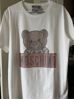 Moschino White Tee with Black Bear Logo Tag